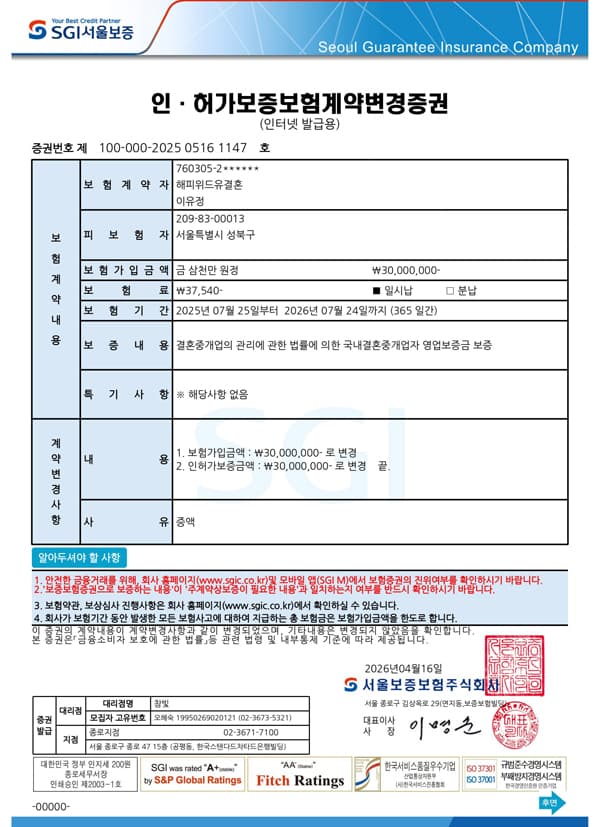 인·허가 보증보험계약변경증권